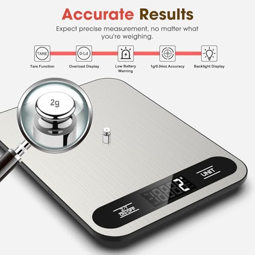 Mik-Nana Food Scale, 22lb Digital Kitchen Scale with 6 Units Tare Function & LCD Display, Stainless Steel Weight Grams and Ounces for Baking, Cooking and Meal Prep (Batteries Included)