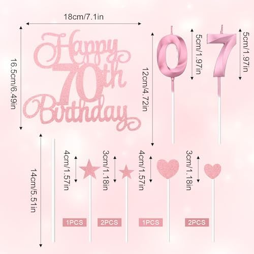 cobee 70th Birthday Cake Decorations, Glitter Happy 70th Birthday Cake Topper Set with Numeral Candles 70thBirthday Cakes Picks for Birthdays Party Supplies (Pink)