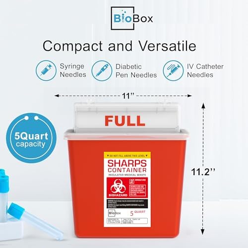 Sharps Container Small - Sharps Containers for Home Use and Labs - Portable Needle Disposal and Travel Size Biohazard Bin - (5 Quart, 1 Count)