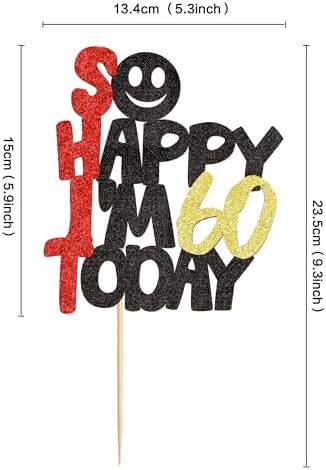 Ercadio 1PCS So Happy I'm 60 Today Cupcake Toppers Glitter 60th Birthday Cake Toppers Funny 60th Cake Topper for Men or Women Picks for Birthday Party Cake Decorations Supplies