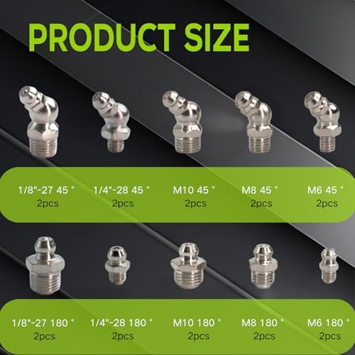 20 PCS SAE & Metric Grease Fittings Assortment, Hydraulic Grease Gun Fittings with 1/4'' 1/8'' M6 M8 M10 Straight, 45 Degree Zerks Kit for Automotive Industrial Machinery Lubrication