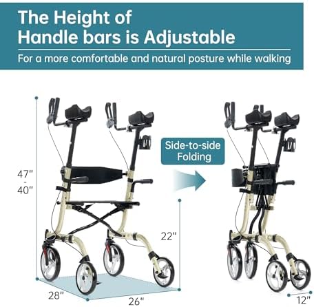 ELENKER Upright Walker, Stand Up Folding Rollator Walker Back Erect Rolling Mobility Walking Aid with Seat, Padded Armrests for Seniors and Adults, Champagne