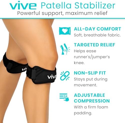 Vive Patella Knee Flex Wrap Brace (2-Pack) – Patellar Tendon Support Strap for Pain Relief, Meniscus Tear, Tendonitis – Adjustable Tracking Belt Strap Band for Running, Basketball, Volleyball, Hiking (Black)
