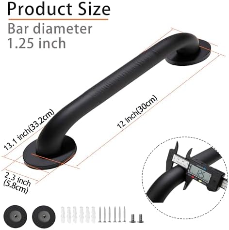 Shower Grab Bar, 2 Pack 12 Inch Black Bathroom Grab Bar, 1.25" Diameter 304 Stainless Steel Anti-Slip Grab Bars for Bathtubs and Showers, Handicap Shower Grab Bar for Seniors Elderly
