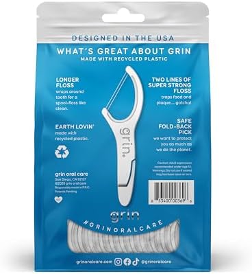 GRIN Double Flosspyx, Floss Picks, 150 ct, Dental Flossers, Minty Flavor, Recycled Plastic, 2 Lines of Strong Floss, Longer Floss Head, Traps Food and Plaque, Includes Safe Soft Fold-Back Tooth Pick