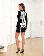 HDE Women's Skeleton Dress Spooky Long Sleeve Bones Mini Dress Halloween Party Costume Fitted Stretchy Bodycon with Half Zip