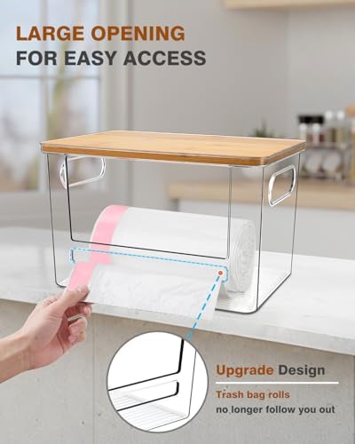 Trash Bag Dispenser 2 Pack, Stackable Acrylic Garbage Bags Dispenser with Bamboo Lid, Extra Large Clear Under Sink Organizer for 13/30/33 Gallon Bags, Kitchen, Cabinet, Laundry Room Storage