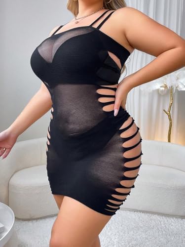 Sexy Lingerie for Women Naughty Plus Size Mesh Fishnet Strap Side Hollow Out Mini Dress Babydoll Chemise Swimsuit Cover Up