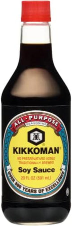 Kikkoman Soy Sauce, Traditionally Brewed, 20 floz Bottle (Pack of 3) with By The Cup Swivel Spoons