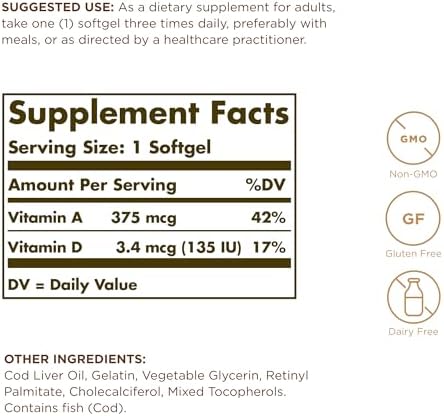 Solgar Cod Liver Oil - 100 Softgels, Pack of 2 - Provides Vitamins A & D - Non-GMO, Gluten Free - 200 Total Servings