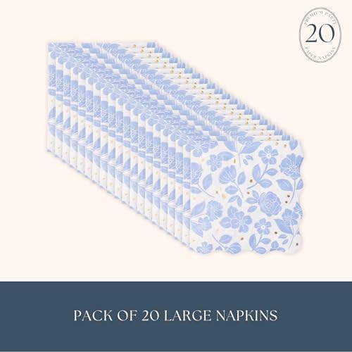 Bonjour Fête Light Blue Floral Large Paper Napkins | 3-Ply Luncheon Size with Gold Foil Accents | Elegant Tableware for Baby Showers, Spring Celebrations, Birthdays | Pack of 20, 6.5” Folded