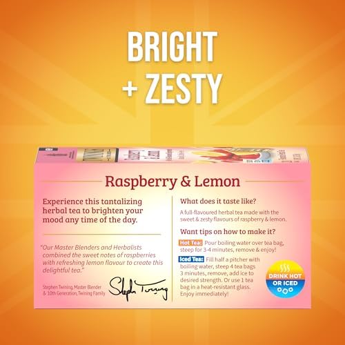 Twinings Raspberry & Lemon Herbal Tea Individually Wrapped Bags, 20 Count (Pack of 1), Unsweetened, Refreshing & Fruity, Naturally Caffeine-Free, Enjoy Hot or Iced