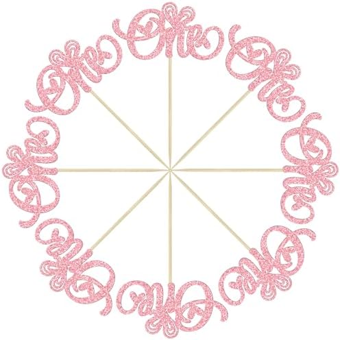 Ephlyn 24Pcs Happy Valentine's Day One Cupcake Toppers Glitter Heart Valentines Day 1st Birthday Cupcake Picks for Baby Shower Birthday Party Cake Decorations Supplies Pink
