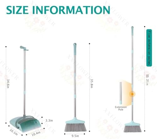 XXXFLOWER Broom and Dustpan Set with Cleaning Teeth, 55" Long Handle Indoor Sweeping Combo for Home Office Kitchen, Bluish Green