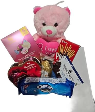 Valentines Day Gift Teddy Bear with Chocolates and Cookies Assortment, 10 Inches (pink)