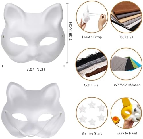 OPPKIE Cat Fox Therian Masks 42PCS with Felt Furs Eye Meshes and Stars, Costume Furry Masks to Paint, Animal Mask Arts Crafts Kit, Dress Up DIY for Halloween Christmas Cosplay Party Interaction