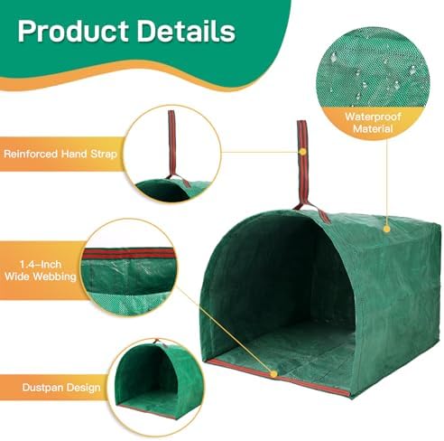 2 Pack 53 Gallon Reusable Yard Waste Bags, Dustpan-Type Leaf Collector Bag, Collapsible Heavy Duty Leaf Bags, Standable Garden Waste Bags for Collecting Leaves, Lawn Grass, Clippings and Branches