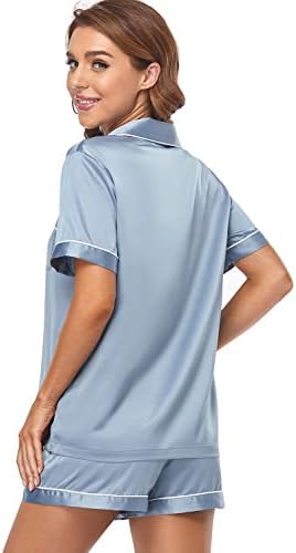 Serenedelicacy Women's Satin Pajama Set 2-Piece Sleepwear Loungewear Button Down Short Sleeve Silky PJ Set