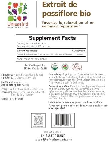 Unleash’d Organic Passion Flower Extract Powder 16 oz | 100% Pure & Natural Botanical Supplement | Calming & Relaxation Support | Herbal Superfood