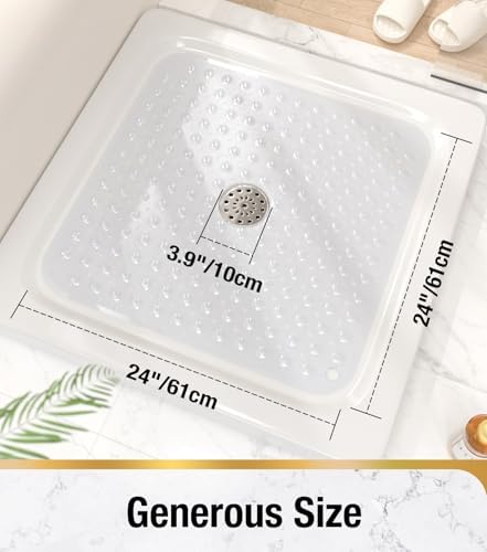 HITSLAM Shower Bathtub Mat Non Slip, 24"x 24" Bath Mat for Tub, Soft PVC Shower Mats for Inside Shower with Suction Cups and Center Drain Hole, Machine Washable Bathroom Floor Mat, Clear