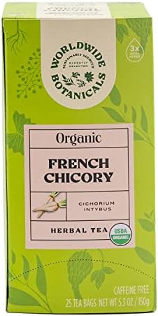 Worldwide Botanicals Organic French Chicory Root Tea, 25 Tea Bags - 3x herbs with 6g per teabag - Prebiotic, Roasted - Acid Free, Caffeine Free, Kosher