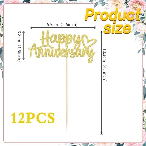12Pcs Happy Anniversary Cupcake Toppers,Glitter Gold Wedding Anniversary Cupcake Toppers,for Party Celebration Wedding Anniversary