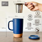 Mora Ceramics Large Tea Mug with Loose Leaf Infuser and Ceramic Lid, 18 oz, Portable, Microwave and Dishwasher Safe, Tall Coffee Cup - Rustic Matte Ceramic Glaze, Modern Herbal Tea Strainer, Deep Blue