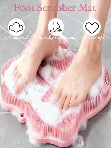 Shower Foot Scrubber Mat,Wall Mounted Back Scrubber Silicone Bath Massager Cushion Brush with Non-Slip Suction Cups,Foot Scrubber for Use in Shower for Improve Skin Exfoliation(Pink)