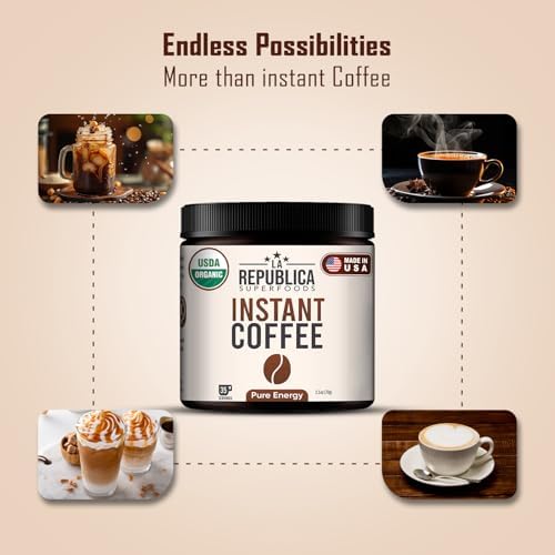 La Republica Organic Instant Coffee – Medium Roast Arabica with Smooth Caramel Notes for Clean Energy – Fair Trade, USA Made – 35 Serving
