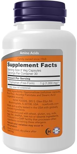 NOW Foods Supplements, L-Tryptophan 500 mg, Encourages Positive Mood*, Supports Relaxation*, 60 Veg Capsules