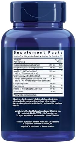 Life Extension Cognitex® Elite Pregnenolone, sage, Blueberry, ashwagandha, phosphatidylserine, Advanced Formula, Attention, Focus, Memory, Gluten-Free, Non-GMO, Vegetarian, 60 Tablets