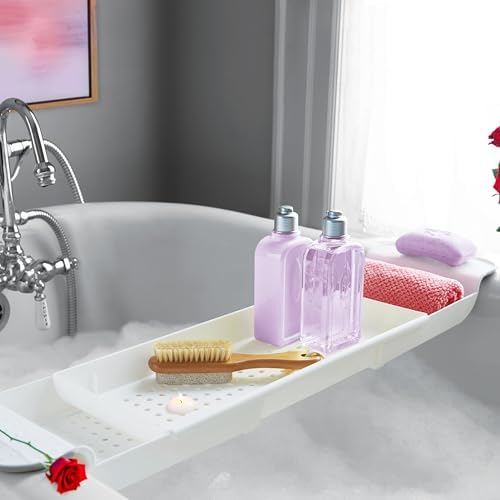madesmart Expandable Bath Shelf, Adjustable Bathtub Tray for Bath-Night, Holds Glasses, Soaps, Toys & Bath Essentials, Non-Slip Grip, Fits Most Tubs, White