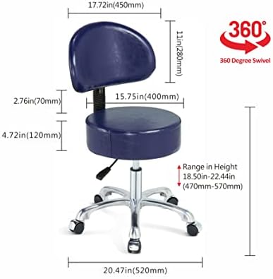 Thick Sturdy Padding with Wheels and Back Support,Swivel Rolling Stool Round Chair,Adjustable Stool for Doctor,Medical,Massage Salon,Office(Blue
