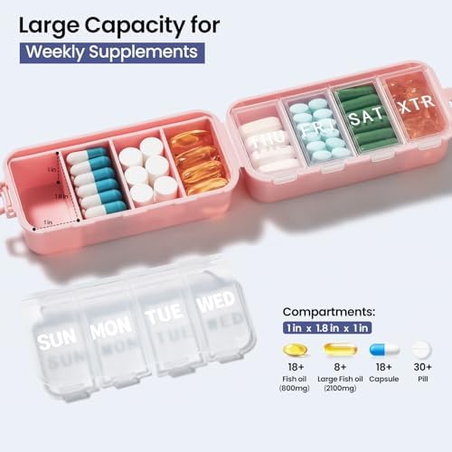 NEW Foldable Weekly Pill Organizer with Extra Grid, Cute & Portable 7 Day Pill Box 1 Time a Day, Week Daily Medicine Organizer - Large Travel Pill Case Holder Dispenser for Vitamin, Supplement - Pink