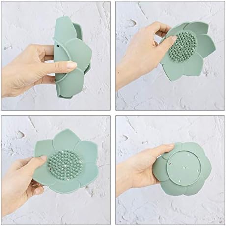 AUEAR, 4 Pack Lotus Flowers Soap Dish with Drain Silicone Holder Non-Slip Flexible Tray for Bathroom Shower