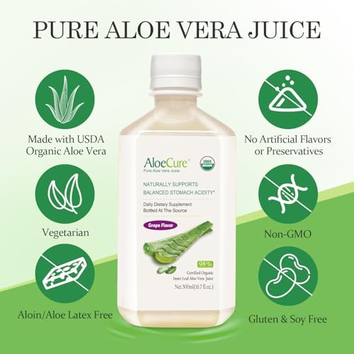 AloeCure USDA Organic Aloe Vera Juice Grape Flavor, Made Within 12 Hours of Harvest - Pure Aloe Vera Digestive & Immune Health Supplement, Helps Maintain Balanced Stomach Acidity, 16.7oz Bottle