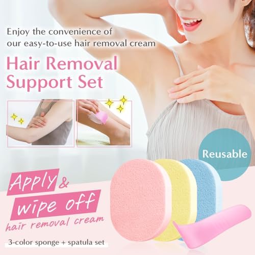 Hair Removal Aid Kit: 3 Body Sponges & Depilatory Cream Spatula - Gentle on Skin, 100% PVA Material, for Men & Women