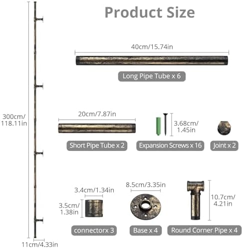 Tanice Indoor Handrail for Stairs, 3M Handrails for Stairs, Bronze Industrial Pipe Clothes Rail, Outdoor Indoor Industrial Pipe Stair Banister for Elder and Child (10 Feet)