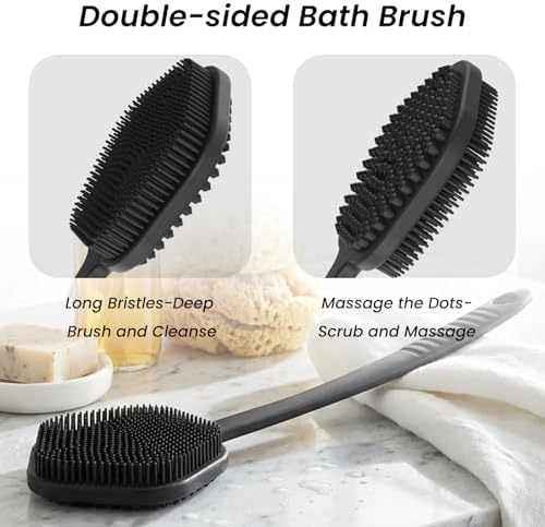 Redfly Silicone Back Scrubber for Shower Brush, 17 inch Long Handled Silicone Body Scrubber for Men & Women, Double Sided Shower Scrubber for Body Brush Exfoliator and Massage, Black