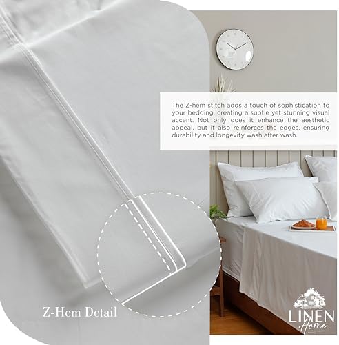 Linen Home 100% Cotton Percale Sheet Set Pack of 2, Queen Size, White, Deep Pocket, 8 Pieces Set - 2 Flat, 2 Deep Pocket Fitted Sheet and 4 Pillowcases, Crisp Cool and Strong Bed Linen