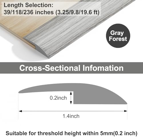 Floor Transition Strip - 118 Inches Vinyl Door Threshold Ramps for Doorways, Rubber Threshold Strip, Self Adhesive Carpet Edge Trim, Floor Trim Strip, Wheelchair Ramp, Heights Within 5MM (Gray Forest)