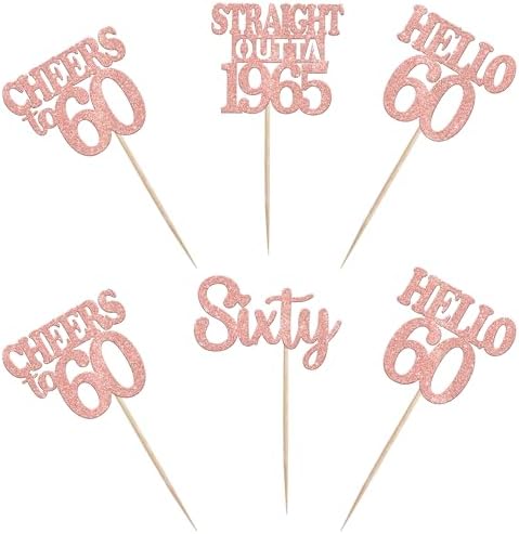 36PCS Happy 60th Birthday Cupcake Toppers Rose Gold Glitter Sixty Straight Outta 1966 Cupcake Picks Hello 60 Cheers to 60 Years Birthday Cake Decorations for 60th Birthday Anniversary Party Supplies