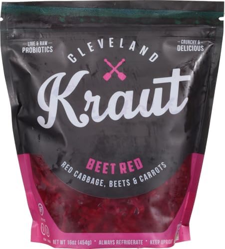 Cleveland Kraut, Naturally Fermented Beet Red Sauerkraut with Live and Raw Probiotics, 16 oz. pouch (Pack of 6)