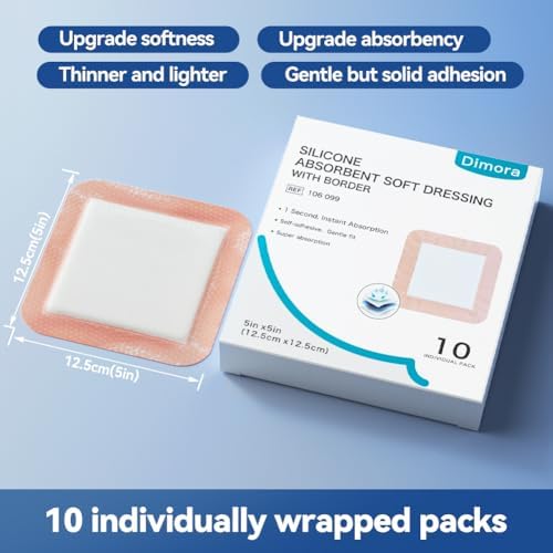 Dimora Silicone Super Absorbent Wound Dressings - Gentle Adhesive Bandages with Ultrasorb Polymer,Heavy Exudate Wound Care Pads 5"X 5" 10 Count