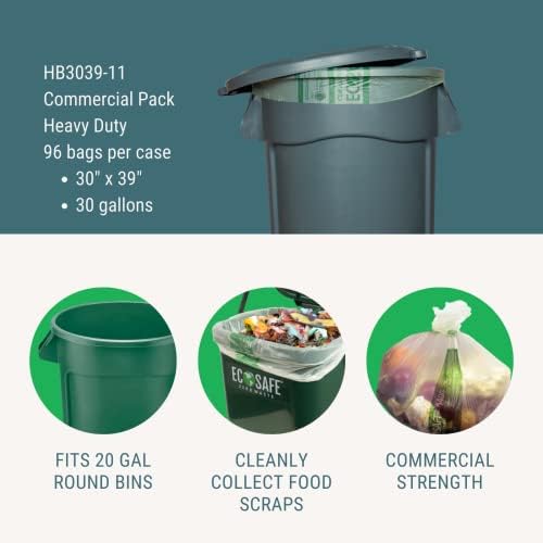 EcoSafe-6400 HB3039-11 Certified Compostable Bag - 30x39” Green Bags for 30 Gallon Bin - Extra Strong Leak, Puncture and Tear Resistant Food Scraps Bin Liners, Pack of 96