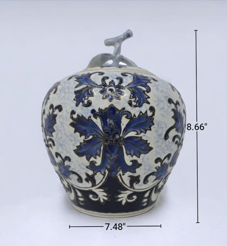 Festcool Blue and White Ceramic Flower Ginger Leaf Lid Jar Vase, Sugar Canister, Sugar Container, Tea Container, Hand-crafted Jingdezhen China