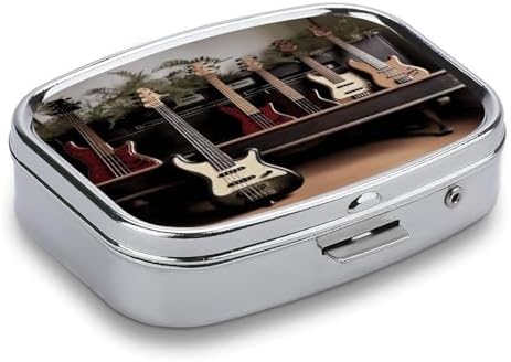 Guitar Bass Music Musical Instruments Pill Case,2 Compartment Small Pill Box Metal Portable Medicine Box Mini Medication Organizer Storage Travel Organizer for Pocket Purse