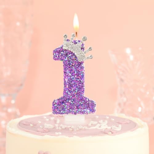 Birthday Number Candles,Purple Crown Birthday Candles for Cake,Glitter Number 1 Candle Cake Topper with Sequins for Anniversary Celebrations Supplies