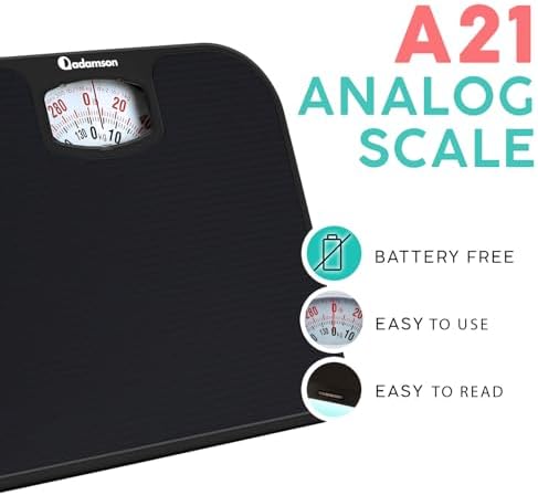 Adamson A21 Analog Scales for Body Weight - Up to 300 LB - New - Anti-Skid Rubber Surface - Large Numbers - Analog Bathroom Scale - Affordable - Durable with 20-Year Assurance - Full Black