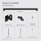Modern Aluminum Handrail Complete DIY Kit – Matte Black with Adjustable Wall Mount Brackets Included (7' Length)